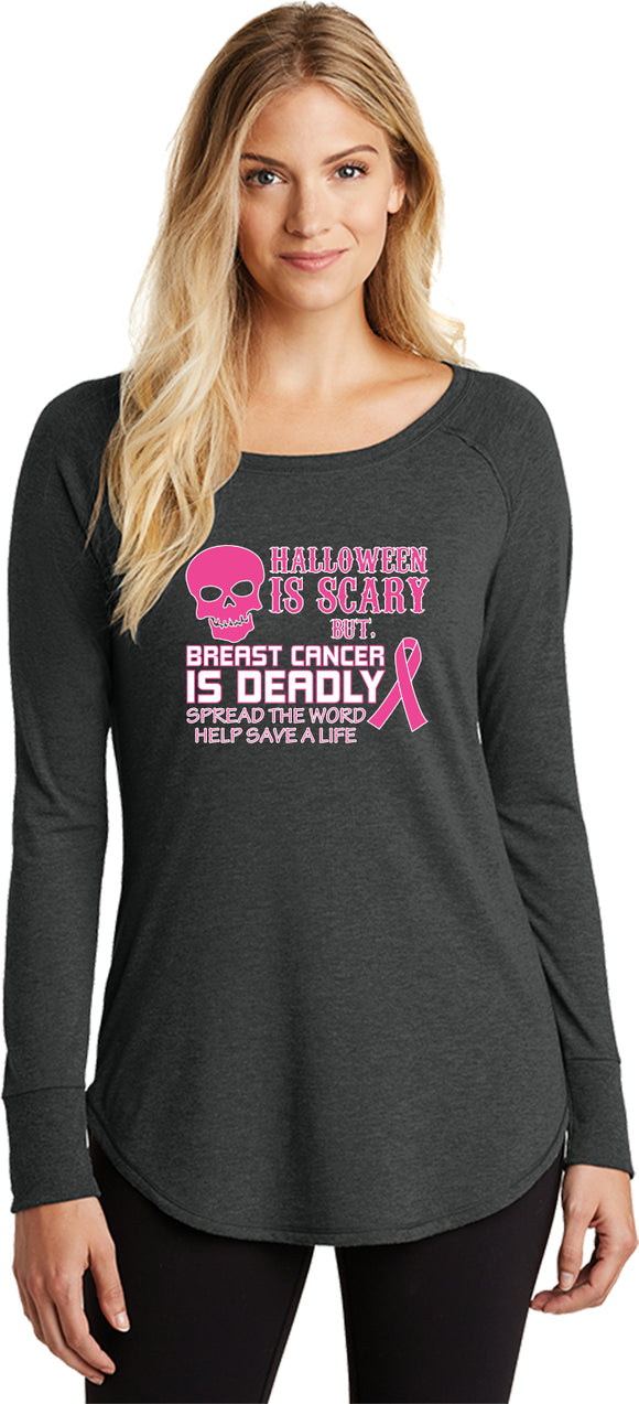 Ladies Breast Cancer Shirt Halloween Scary Tri Blend Long Sleeve - Yoga Clothing for You