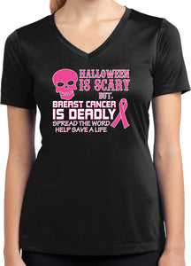 Ladies Breast Cancer T-shirt Halloween Scary Dry Wicking V-Neck - Yoga Clothing for You