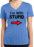 I'm With Stupid Shirt Black Print Ladies Moisture Wicking V-Neck - Yoga Clothing for You