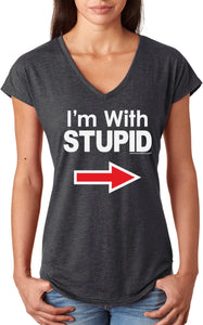 Ladies I'm With Stupid T-shirt White Print Triblend V-Neck - Yoga Clothing for You