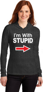 Ladies I'm With Stupid T-shirt White Print Hooded Shirt - Yoga Clothing for You
