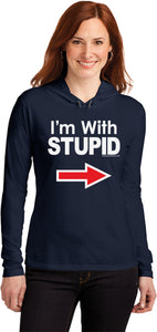 Ladies I'm With Stupid T-shirt White Print Hooded Shirt - Yoga Clothing for You