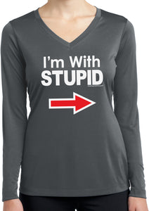 Ladies I'm With Stupid Shirt White Print Dry Wicking Long Sleeve - Yoga Clothing for You