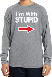 Kids I'm With Stupid T-shirt White Print Dry Wicking Long Sleeve - Yoga Clothing for You