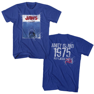 Jaws Tall T-Shirt Poster Amity Island 1975 2488 Front Back Print Royal Tee - Yoga Clothing for You