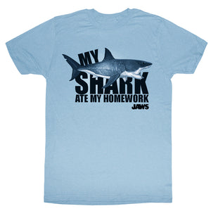 Jaws T-Shirt My Shark Ate My Homework Light Blue Tee - Yoga Clothing for You