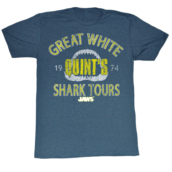 Jaws T-Shirt Distressed Quint's Shark Tours Pacific Blue Heather Tee - Yoga Clothing for You