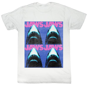 Jaws T-Shirt Distressed Pink Blue Repeated White Tee - Yoga Clothing for You