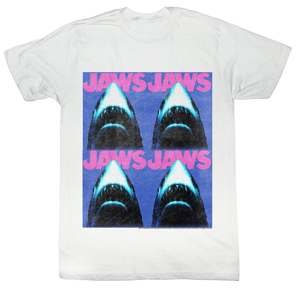 Jaws T-Shirt Distressed Pink Blue Repeated White Tee - Yoga Clothing for You