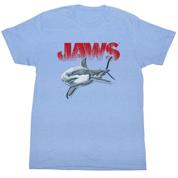 Jaws T-Shirt Distressed Halftone Drawing Light Blue Heather Tee - Yoga Clothing for You