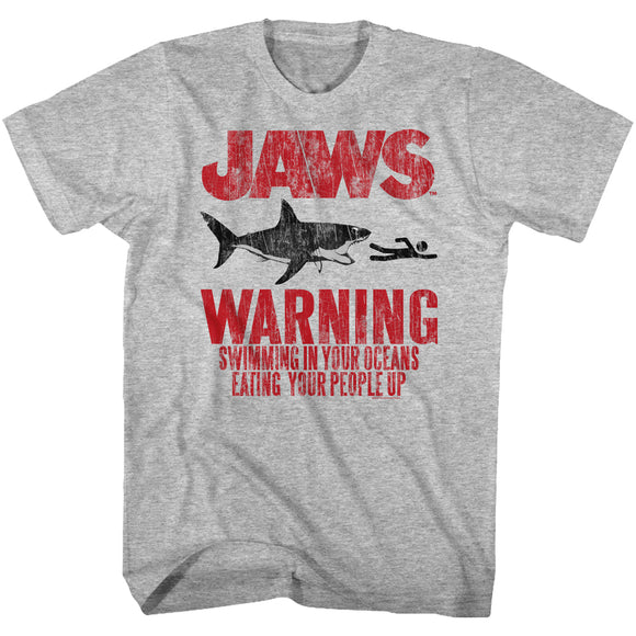 Jaws Tall T-Shirt Swimming In Your Ocean Eating People Up Gray Heather Tee - Yoga Clothing for You