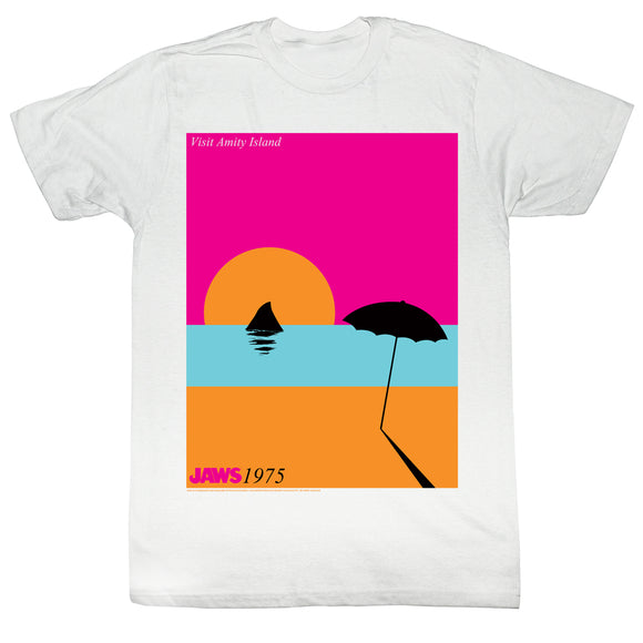 Jaws T-Shirt Colorful Visit Amity Island Sunset Poster White Tee - Yoga Clothing for You