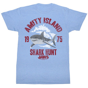 Jaws T-Shirt Distressed Amity Island Shark Hunt Light Blue Heather Tee - Yoga Clothing for You