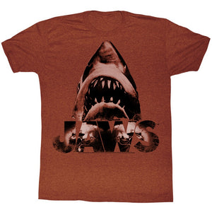 Jaws T-Shirt Distressed Shark Head Burnt Red Heather Tee - Yoga Clothing for You