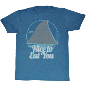 Jaws T-Shirt Distressed Nice To Eat You Pacific Blue Heather Tee - Yoga Clothing for You
