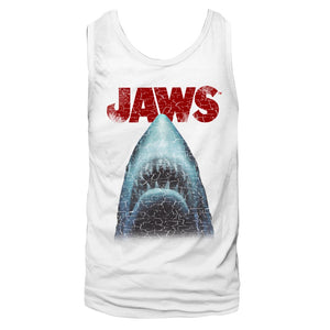 Jaws Mens Tanktop Distressed Shark Head Out Of Water White Tank - Yoga Clothing for You
