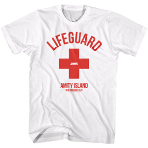 Jaws Tall T-Shirt 1975 Lifeguard Amity Island White Tee - Yoga Clothing for You