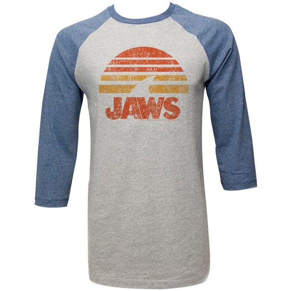 Jaws Raglan T-Shirt Distressed Shark Sun Grey/Denim 3/4 Sleeve Tee - Yoga Clothing for You