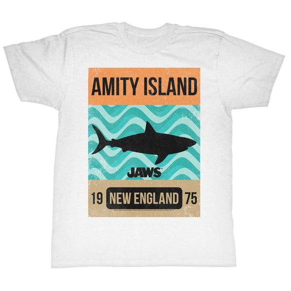 Jaws Tall T-Shirt Amity Island Silhouette Waves White Tee - Yoga Clothing for You