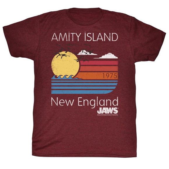 Jaws T-Shirt Amity Island New England 1975 Maroon Heather Tee - Yoga Clothing for You