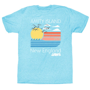 Jaws T-Shirt Line Amity Island 1975 New England Light Blue Heather Tee - Yoga Clothing for You