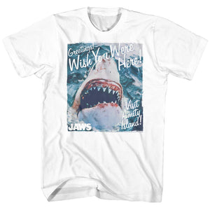 Jaws T-Shirt Greetings Wish You Were Here! White Tee - Yoga Clothing for You