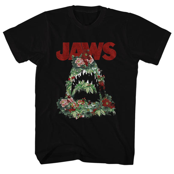 Jaws Tall T-Shirt Floral Shark Outline Black Tee - Yoga Clothing for You