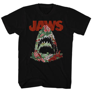 Jaws Tall T-Shirt Floral Shark Outline Style 2 Black Tee - Yoga Clothing for You