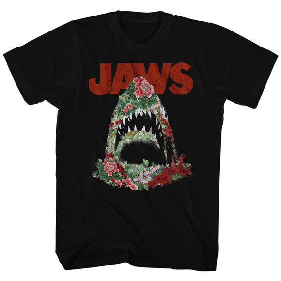 Jaws T-Shirt Floral Shark Outline Style 2 Black Tee - Yoga Clothing for You