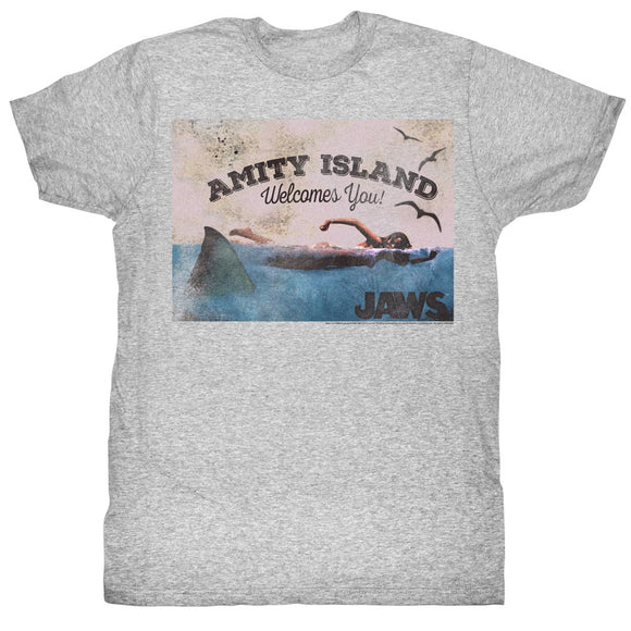 Jaws T-Shirt Distressed Amity Island Welcomes You Gray Heather Tee - Yoga Clothing for You