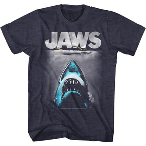 Jaws T-Shirt Distressed Lichtenstien Poster Navy Heather Tee - Yoga Clothing for You