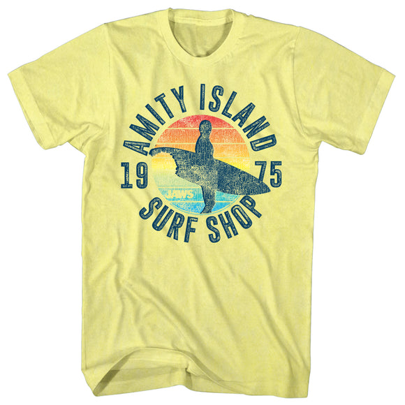Jaws T-Shirt Amity Island Surf Shop 1975 Yellow Heather Tee - Yoga Clothing for You