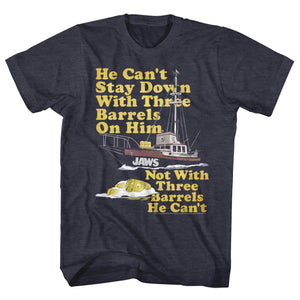 Jaws T-Shirt Can't Stay Down With Three Barrels Navy Heather Tee - Yoga Clothing for You