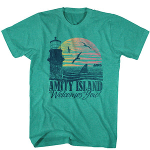 Jaws T-Shirt Amity Island Welcomes You Lighthouse Mahi Heather Tee - Yoga Clothing for You
