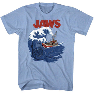 Jaws T-Shirt Ocean Waves Swell Shark Light Blue Heather Tee - Yoga Clothing for You