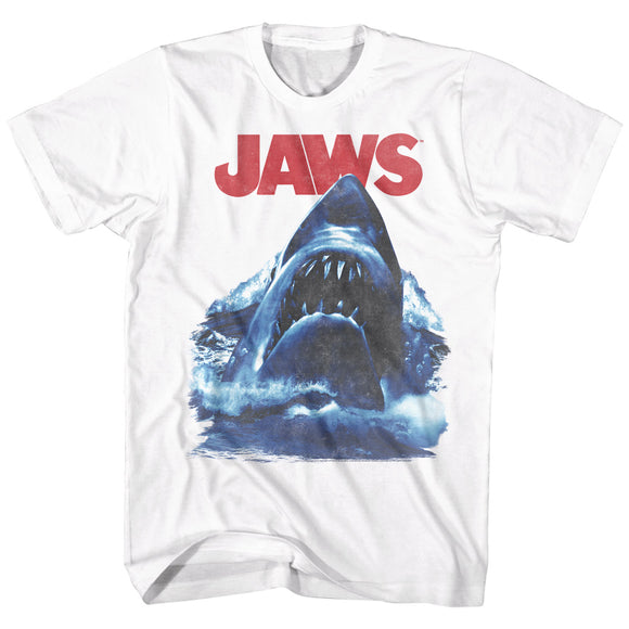 Jaws T-Shirt Distressed Ocean Waves Shark White Tee - Yoga Clothing for You