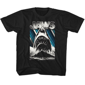 Jaws Kids T-Shirt Giant Shark Blue Stripes Poster Black Tee - Yoga Clothing for You