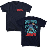 Jaws Shark Attack Boat Navy T-shirt Front and Back
