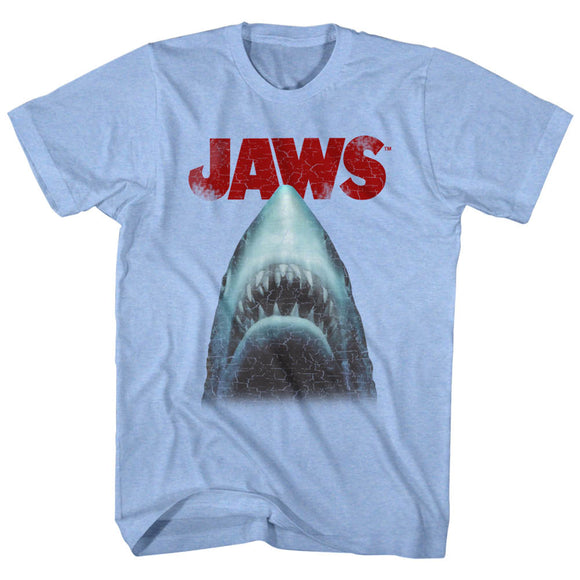 Jaws T-Shirt Distressed Cracked Shark Head Light Blue Heather Tee - Yoga Clothing for You