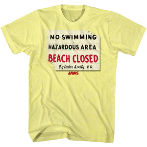 Jaws T-Shirt Beach Closed No Swimming Sign Yellow Heather Tee - Yoga Clothing for You