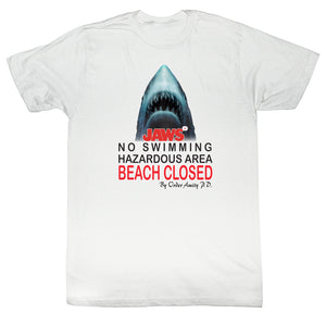 Jaws Tall T-Shirt Shark Head Beach Closed No Swimming White Tee - Yoga Clothing for You