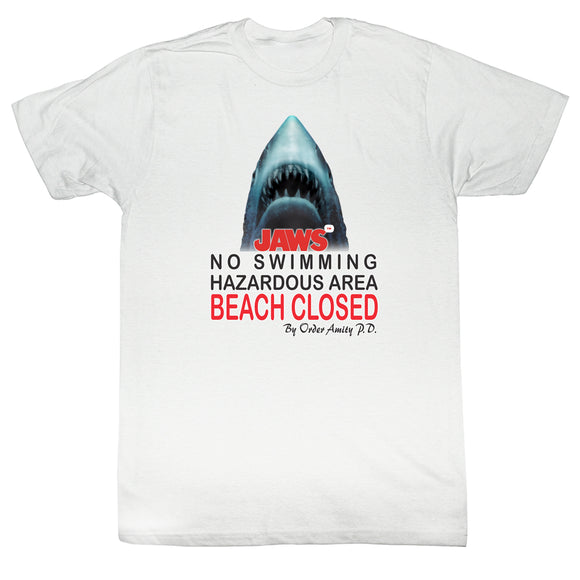 Jaws T-Shirt Shark Head Beach Closed No Swimming White Tee - Yoga Clothing for You