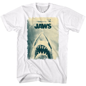 Jaws Tall T-Shirt Distressed Sepia Movie Poster White Tee - Yoga Clothing for You