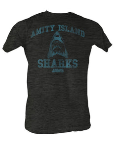 Jaws Tall T-Shirt Amity Island Sharks Sports Team Black Heather Tee - Yoga Clothing for You