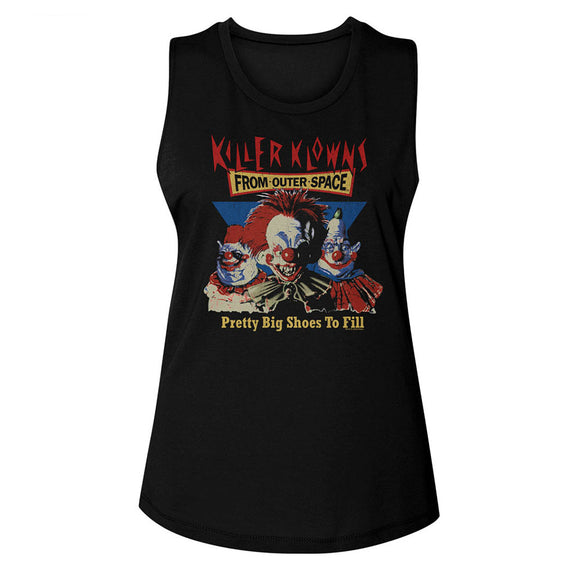 Killer Klowns From Outer Space Pretty Big Shoes to Fill Ladies Sleeveless Muscle Black Tank Top - Yoga Clothing for You
