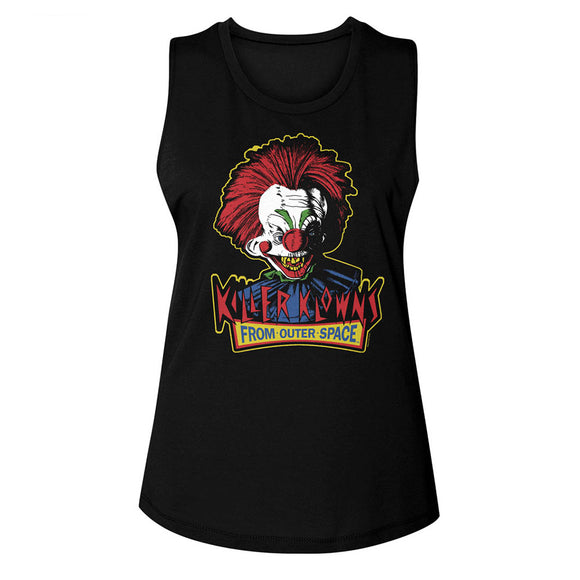 Killer Klowns From Outer Space Clown Head with Logo Ladies Sleeveless Muscle Black Tank Top - Yoga Clothing for You