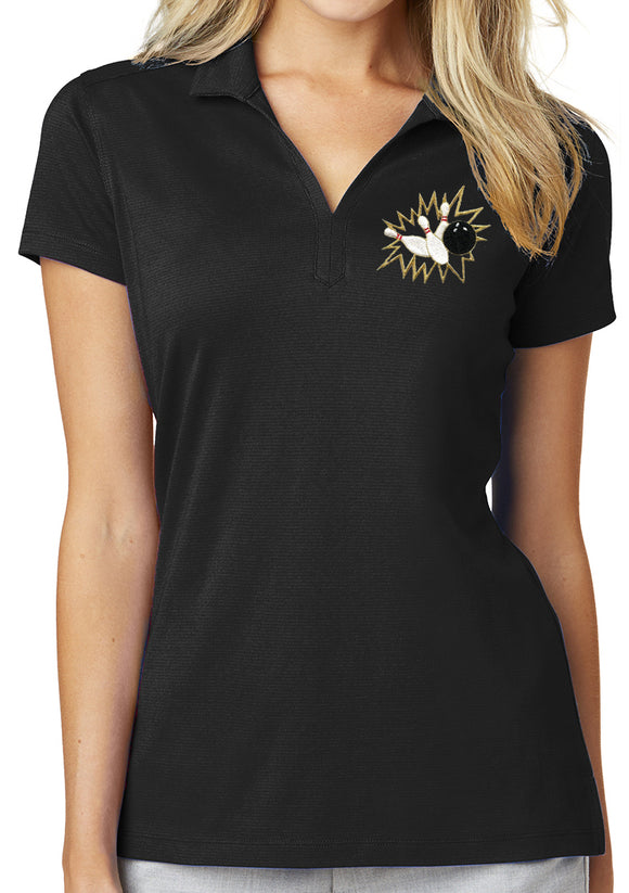Womens Crashing Bowling Pins Moisture-Wicking Mesh Polo Shirt - Yoga Clothing for You