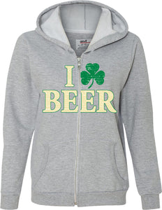 Ladies St Patricks Day Full Zip Hoodie I Love Beer - Yoga Clothing for You