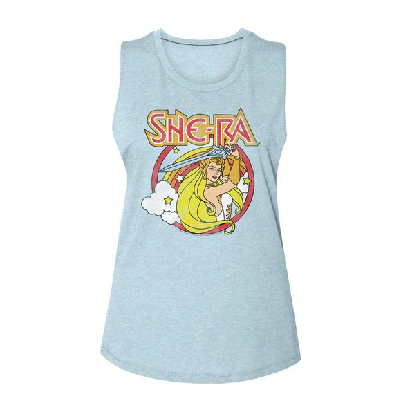 Masters of the Universe She-Ra Rainbow Portrait Ladies Sleeveless Muscle Blue Tank Top