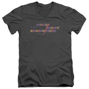 Mister Rogers Slim Fit V-Neck T-Shirt Colorful Logo Charcoal Tee - Yoga Clothing for You